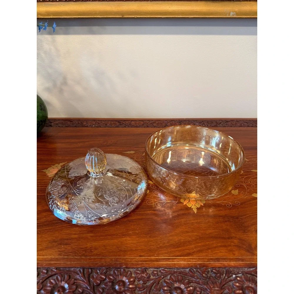Vintage Jeannette Floragold Louisa Covered Dish, Marigold Carnival‎ Glass Bowl